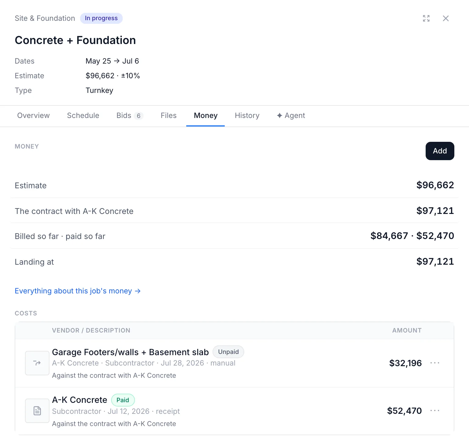 The Money tab for the Concrete + Foundation job: estimate $96,662, the contract with the sub $97,121, billed and paid so far, landing at $97,121, and the two costs against it