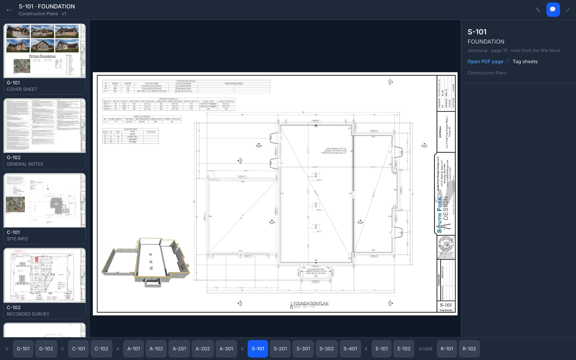 The plan viewer showing sheet S-101, the foundation plan, with the sheet list down the left and every sheet number along the bottom