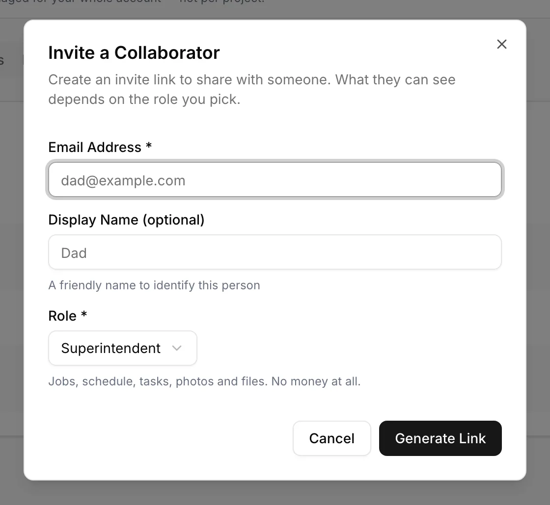 The invite dialog: name, email, and a role picker listing Owner, Co-owner, Project Manager and Superintendent